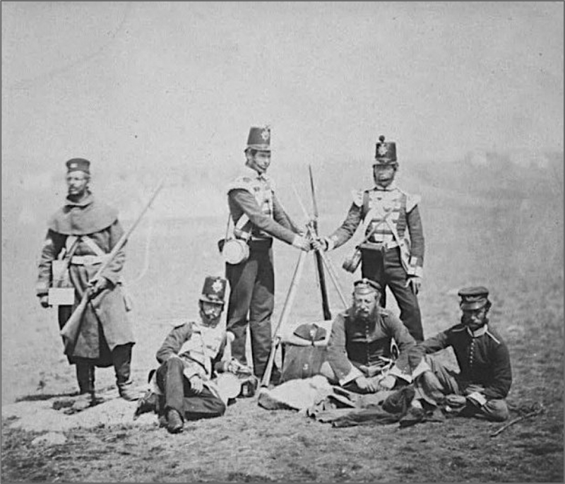 Figure 3. Private Soldiers and Officers of the 3rd Regiment (The Buffs) Piling Arms
                            , by Roger Fenton, 1855. Library of Congress, LC-USZC4-9289.