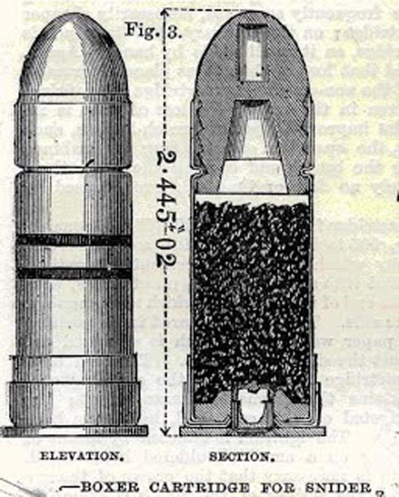 An 1872 rendering of the Boxer cartridge for the British Snider-Enfield rifle, with its hollow-tip nose
