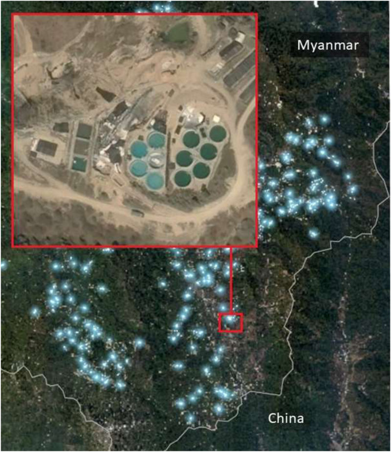 Figure 3. Satellite image showing locations of rare-earth mines in Myanmar. Source: Global Witness, with inset from Google Maps Basemap.