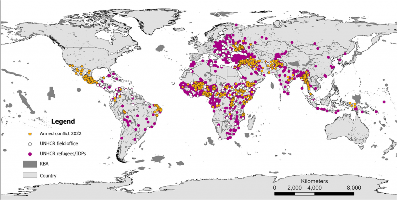 Figure 1. Locations of armed conflict and UNHCR sites in relation to KBAs across the world.